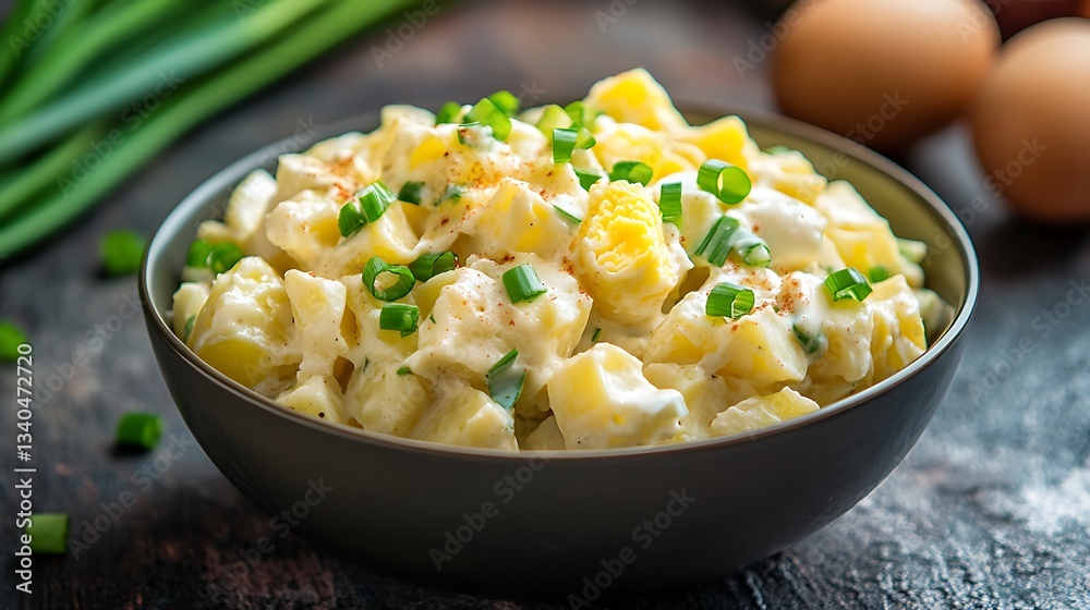 Homemade potato salad with egg and green onions in a bowl on the table Homemade potato salad with egg and green onions in a bowl on the table