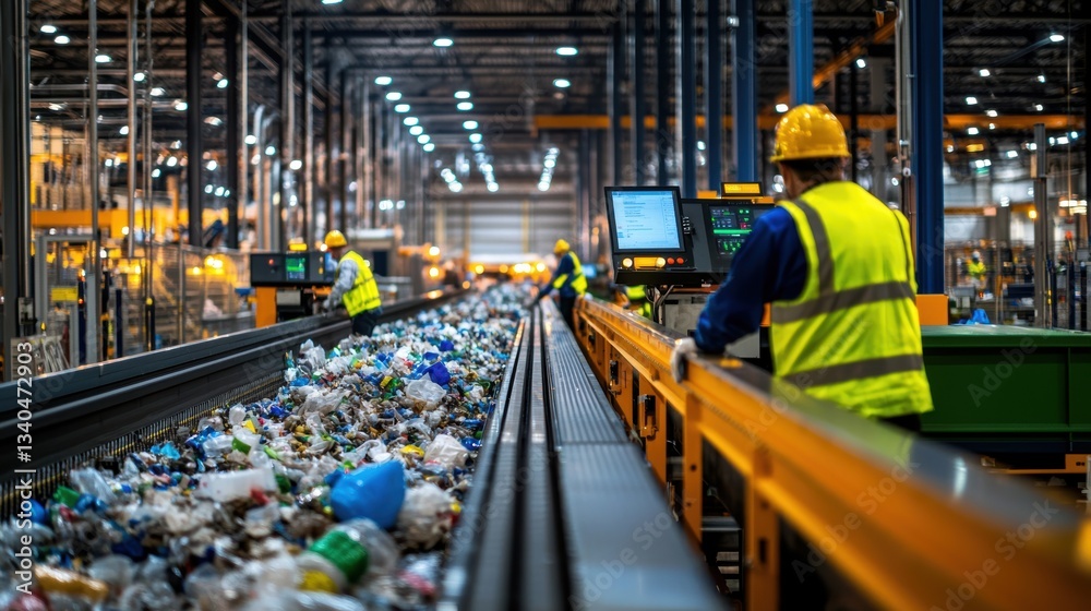 Workers Sorting Recyclable Materials at Waste Management Facility, Conveyors Full of Plastic, Glass, and Metal Scraps in Industrial Setting Workers Sorting Recyclable Materials at Waste Management Facility, Conveyors Full of Plastic, Glass, and Metal Scraps in Industrial Setting