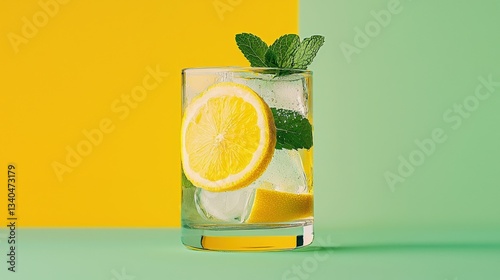 Refreshing citrus soda with ice cubes and fresh mint leaves in a glass, showcasing vibrant colors and fizzy bubbles. A crisp and invigorating summer drink concept