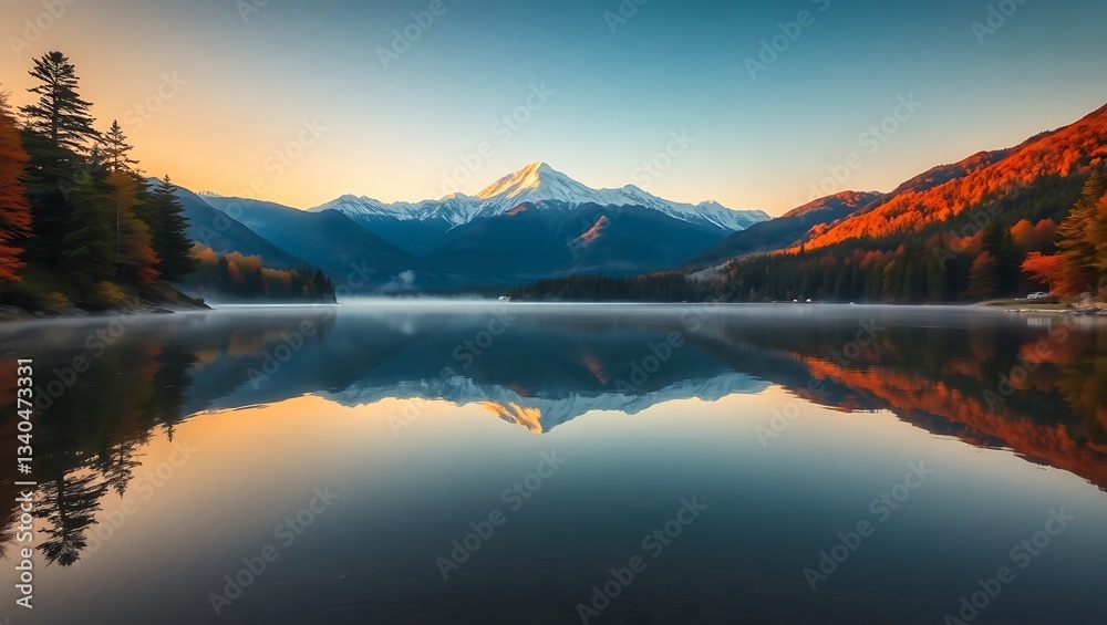 Fototapeta premium Autumn Sunrise Over a Serene Mountain Lake with Perfect Reflection in Japan