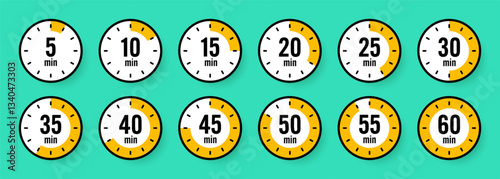 Stopwatch icons. Colorful simple chronometer, time counter with dial. Countdown timer showing hours and minutes. Deadline, measurement for sport. Cooking time label, sticker. Vector illustration