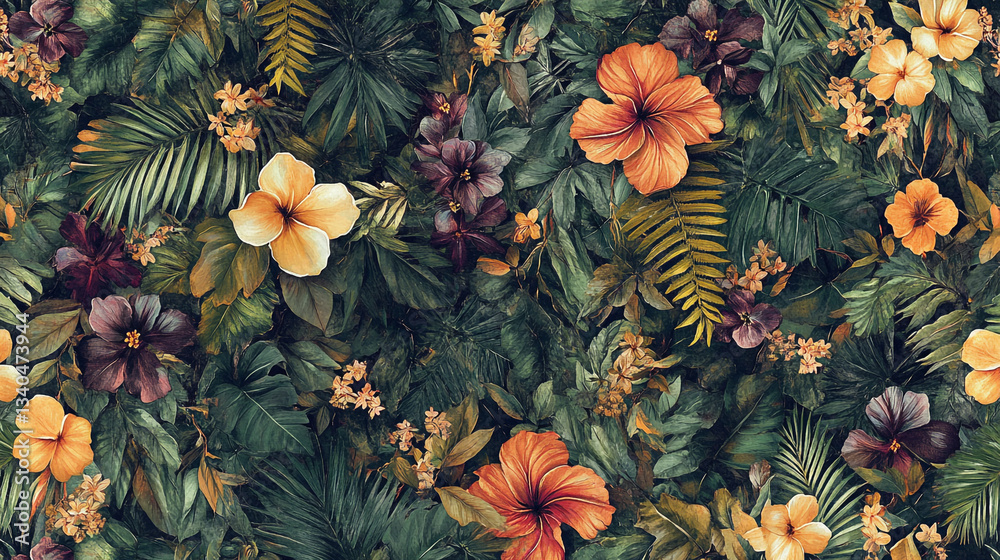 Fototapeta premium Seamless floral pattern featuring vibrant blossoms design, Vibrant flowering plants showcase seasonal flowers and lush green leaves, floral patters and leaves background for invitation card and decor.