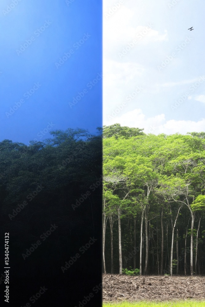 Fototapeta premium A side by side comparison of a dense jungle and a serene beach, highlighting nature's contrasting beauty.