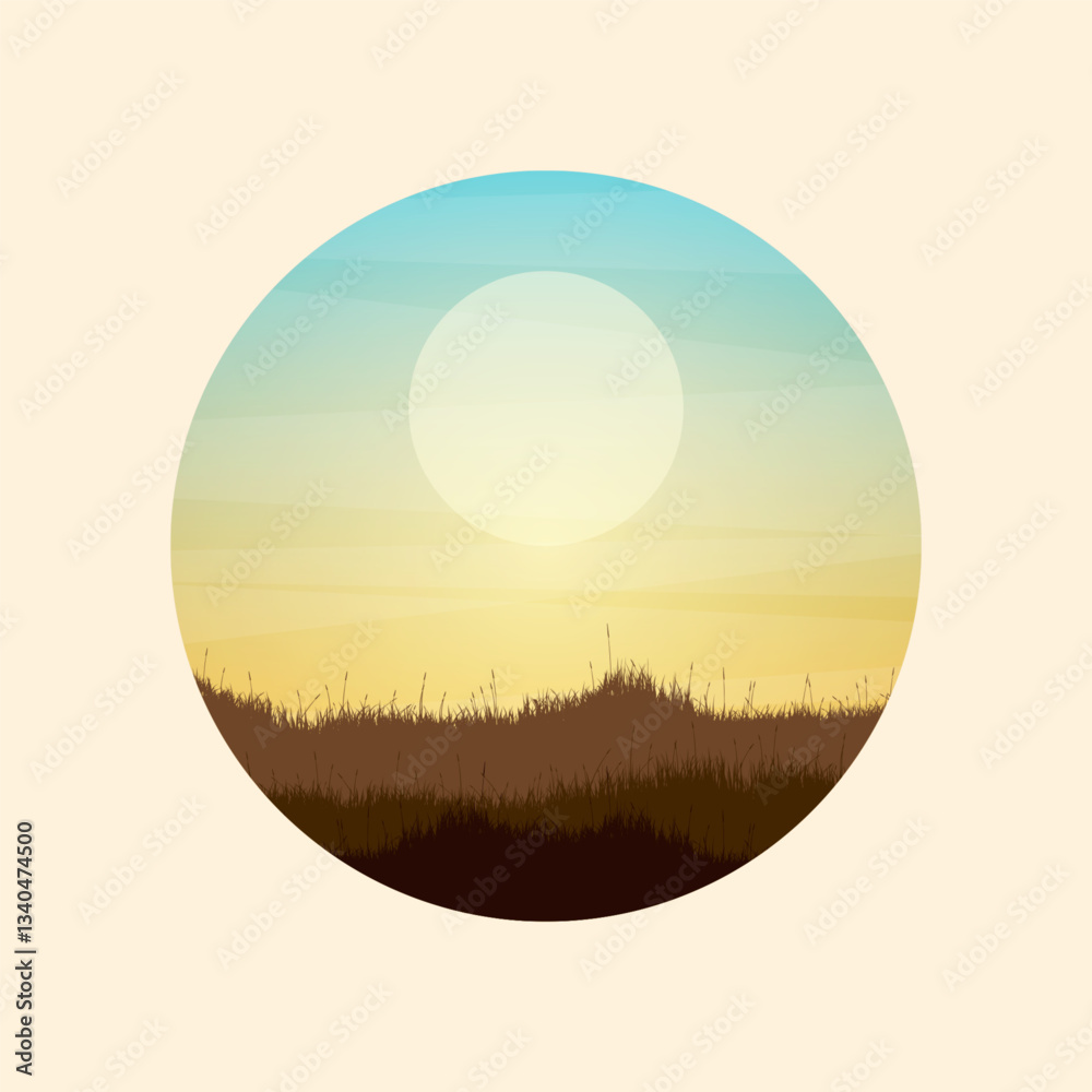 Fototapeta premium Meadow silhouettes with grass and old wooden fence. Countryside, round panoramic summer lawn rural landscape with herbs, weeds. Agriculture and farming. Summer sunset in nature. Vector illustration