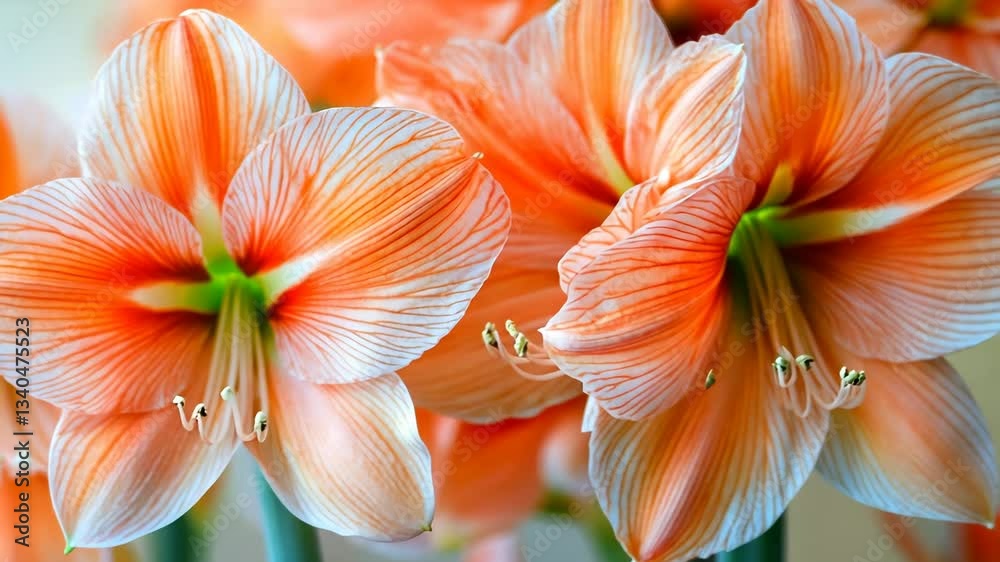 Vibrant orange amaryllis flowers blooming in springtime garden showcasing intricate patterns and delicate petals