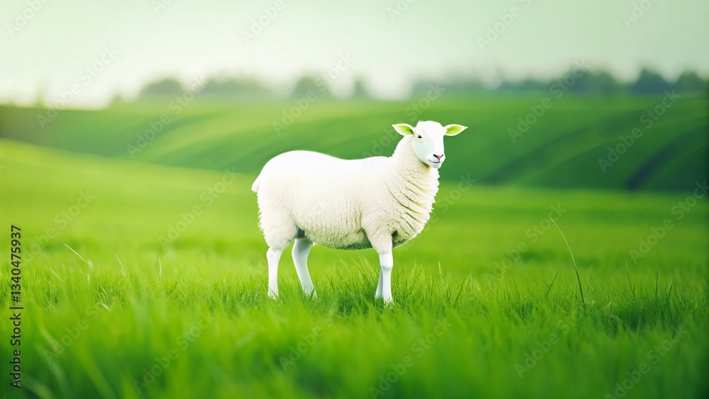 Obraz premium Minimalist Sheep Farm Logo: Simple White Sheep on Green Pasture