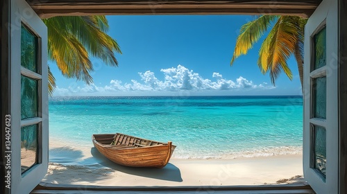 Fototapeta Naklejka Na Ścianę i Meble -  Wooden boat resting on sandy beach seen through open window with palm trees