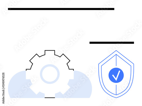 Gear over cloud symbolizing configuration in cloud services, shield with checkmark for security. Ideal for cloud technology, cybersecurity, data management, IT services, system protection, digital