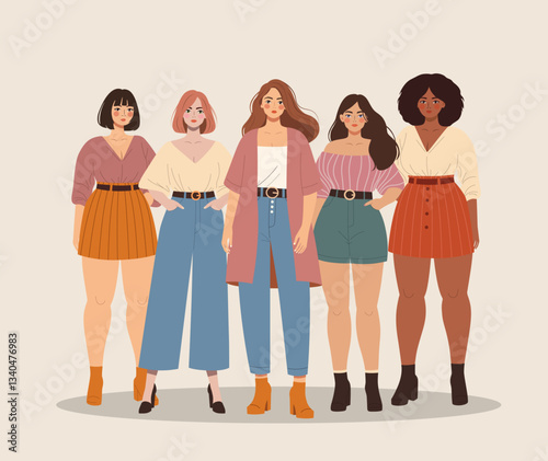 Five women with diverse skin tones, symbolizing unity and cultural richness. Ideal for diversity-themed designs. Women of different races, body types, hairstyles. Women wears contemporary clothing. 