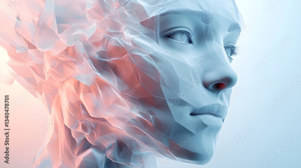 Abstract three dimensional human head sculpture in blue light