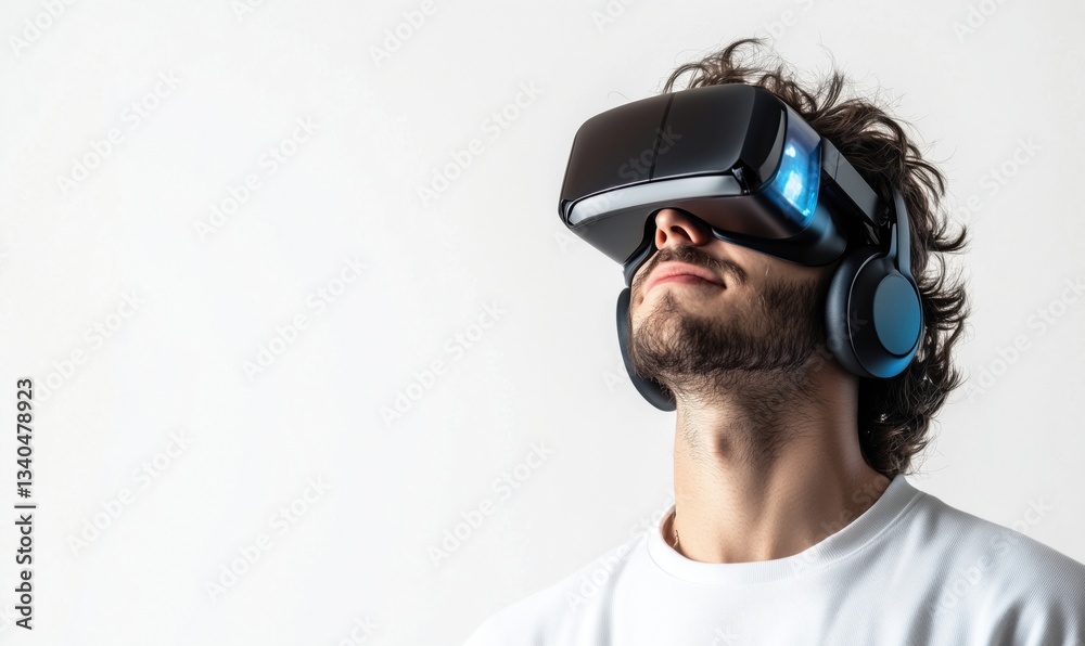 Virtual reality experience with headset and headphones on young man Virtual reality experience with headset and headphones on young man