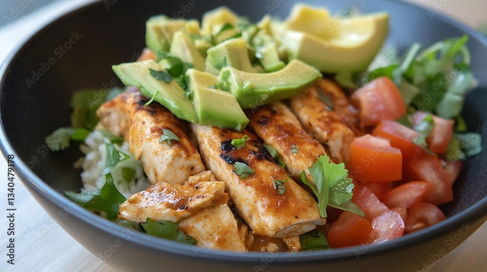 Honey lime chicken enchiladas with toppings of avocado and tomato Honey lime chicken enchiladas with toppings of avocado and tomato