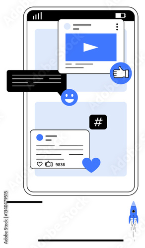 Smartphone interface with video, thumbs ups, comments, metadata tags, and emotion reflects online engagement. Ideal for social media, marketing, technology, interaction communication networking