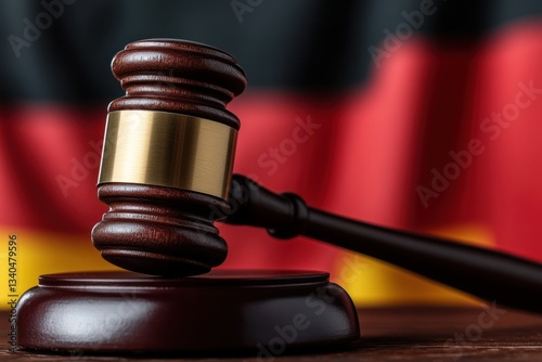 A dramatic close-up of a judgeâ€™s gavel with a symbolic backdrop of the German flag, representing the justice systemâ€™s role in defending human rights.