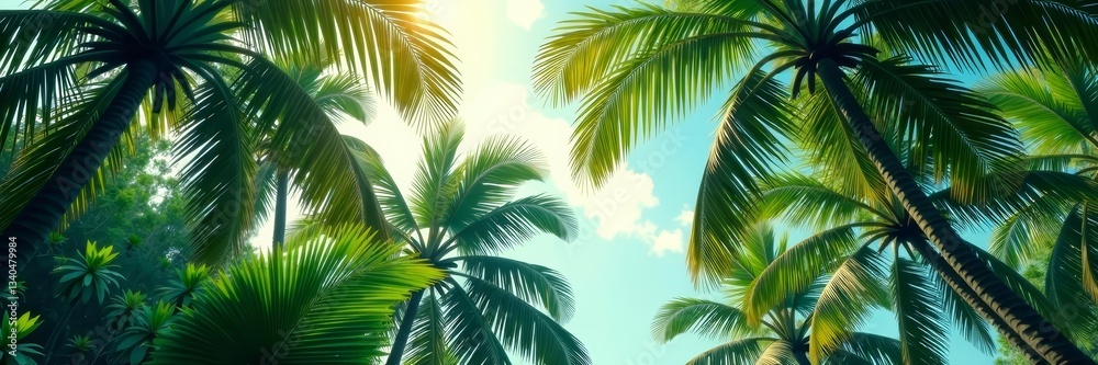 Fototapeta premium Tropical leaves and palm trees creating a vibrant pattern, jungle, pattern