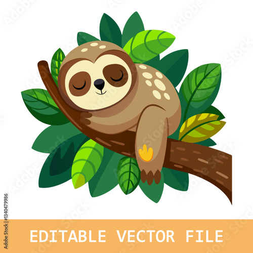 Adorable cartoon sloth wearing a nightcap, peacefully sleeping on a tree branch, evoking tranquility and restfulness, ideal for children s books or sleep related products