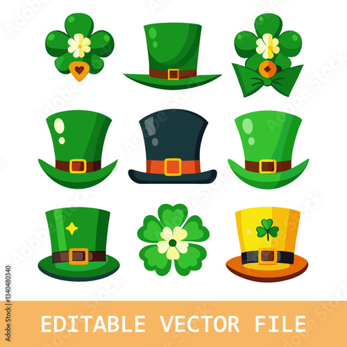 Vector illustration for St. Patrick's Day - green hat cylinder with gold ribbon. 3D object clip-art. Set of three-dimensional icons in different spatial positions. For the creative design