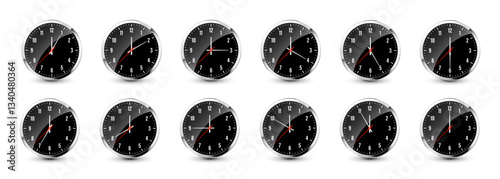 Wall clock, stopwatch icons. Shiny metal chronometer, time counter with dial. Countdown timer showing minutes and seconds. Time measurement for sport, start and finish. Vector illustration