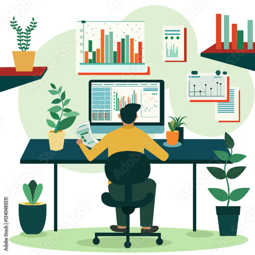 Businessman analysing financial data, A man is focused on analyzing infographics displayed on his monitor various data visualisation elements