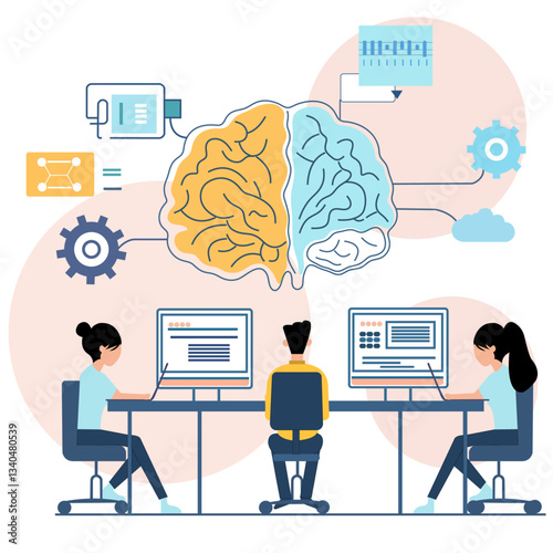 Machine Learning concept vector, Big brain connected to employees system, cloud computing