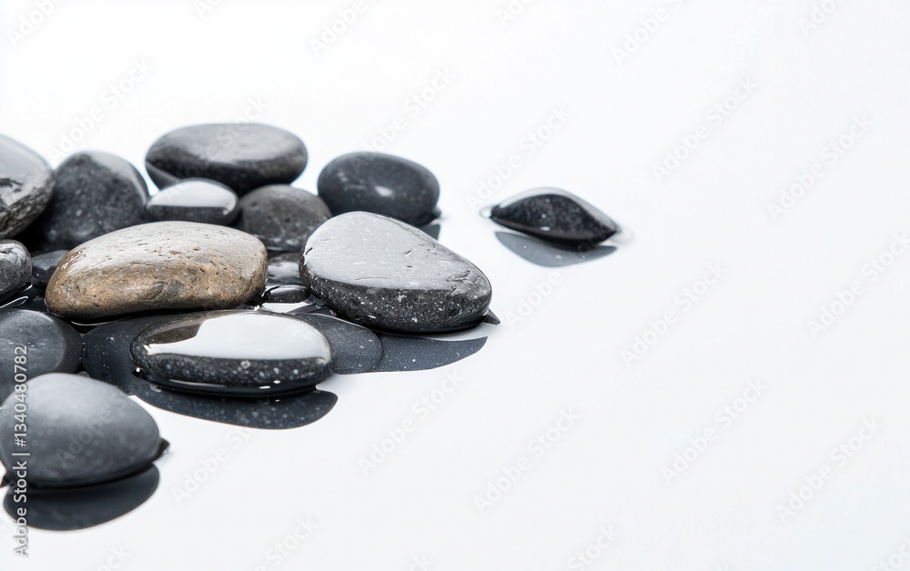 Close Up of Wet Gray and Brown Pebbles on a White Reflective Surface with Water Droplets Close Up of Wet Gray and Brown Pebbles on a White Reflective Surface with Water Droplets