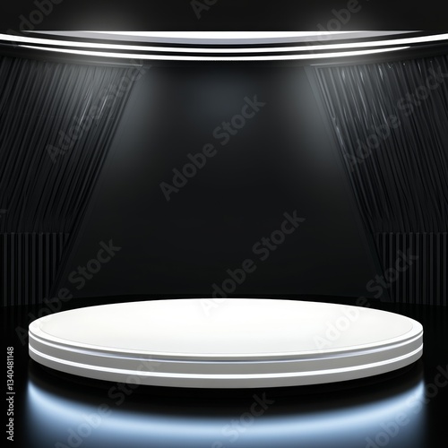 Modern platform stage under spot light for showcase product display, exhibition or promotion. Illuminated showroom and background. The ideal presentation background