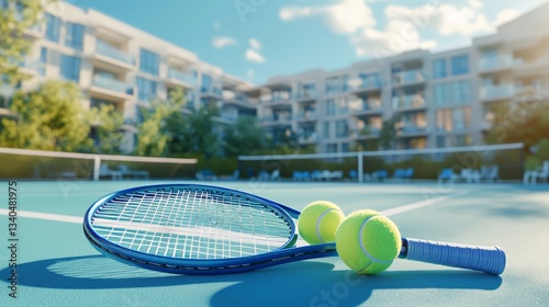 Panoramic view of outdoor clay tennis court with two bright yellow tennis balls and blue racket placed near service line on a sunny summer day, capturing readiness for a competitive sports match



