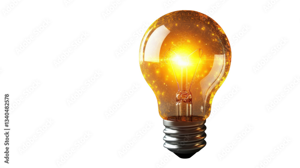 Bright light bulb shining with golden sparkles on transparent background