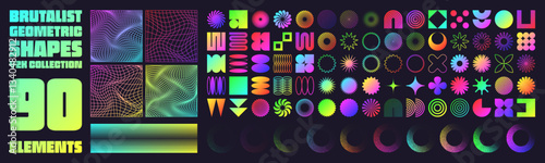Brutalist geometric shapes, neon modern symbols. Groovy checkered pattern, distorted tiled grid. Simple elements, forms. Retro design, trendy contemporary minimalist style, y2k. Vector illustration