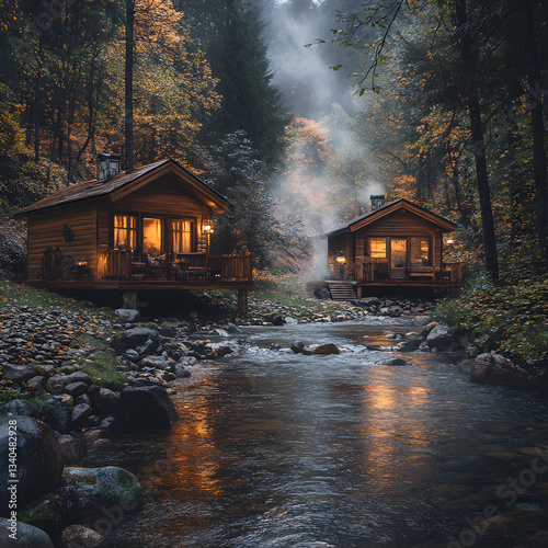 Cozy wooden cabins by a serene river in a misty forest, illuminated by warm lights at dusk photo