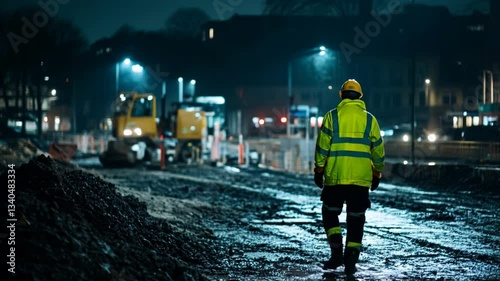 Wallpaper Mural A lone construction worker in reflective gear walks through a dimly lit site. Torontodigital.ca