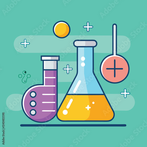 Laboratory Flask and Test Tube Vector Illustration, A colorful vector illustration of laboratory glassware, including a flask, test tube, and molecular symbols, against a teal background.
