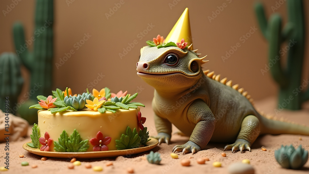 Fototapeta premium An Egyptian uromastyx in a party hat celebrates a desert-themed birthday with a leafy cake, succulents, and sandy textures in a cheerful, festive setting.