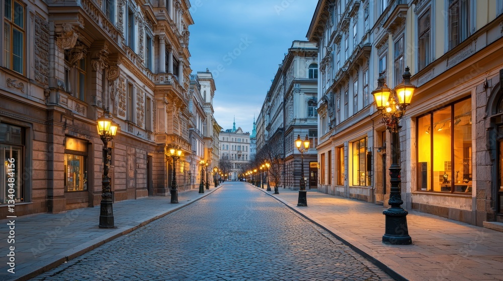Fototapeta premium Serene Evening Streetscape with Vintage Lamp Posts and Elegant Architecture Under Soft Blue Sky