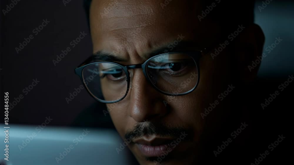 A man with glasses reading news on a laptop in the dark A man with glasses reading news on a laptop in the dark