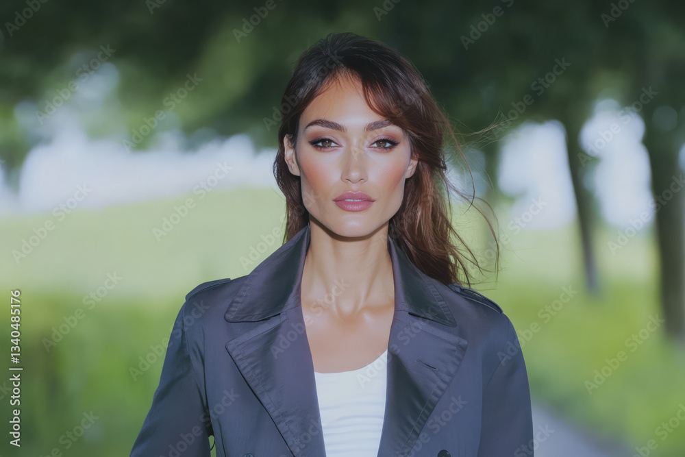 Model walking confidently on a pathway surrounded by greenery during daylight hours Model walking confidently on a pathway surrounded by greenery during daylight hours