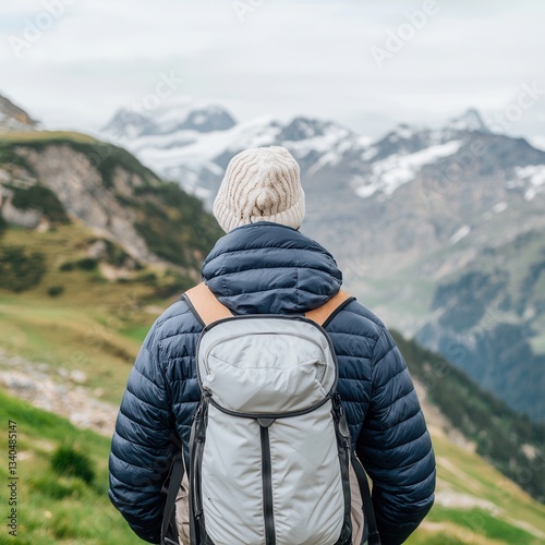 person wearing warm jacket and beanie stands with backpack, gazing at scenic mountain landscape with snow capped peaks and lush greenery. atmosphere is serene and adventurous