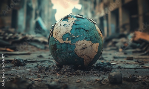 Damaged globe amidst urban ruins symbolizing environmental destruction and chaos