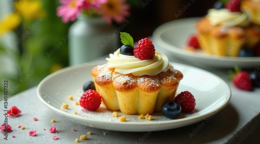 Delicious Vanilla Cupcake Topped with Fresh Berries and Cream, Served on Elegant Plate Delicious Vanilla Cupcake Topped with Fresh Berries and Cream, Served on Elegant Plate