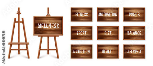 Wooden chalkboard on easel. Blackboard in wooden frame on a tripod. Presentation board with text, writing or drawing surface. Wellness, healthy lifestyle and motivation. Vector illustration