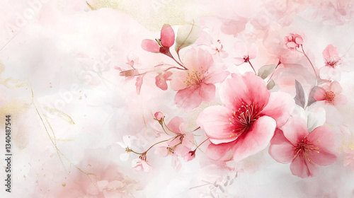 Vibrant Pink Rose And Cherry Blossoms on Soft Background Image, A Delicate Floral Image Perfect for Wedding Invitations, Greeting Cards, Soft pink peonies bloom against a gentle watercolor background.