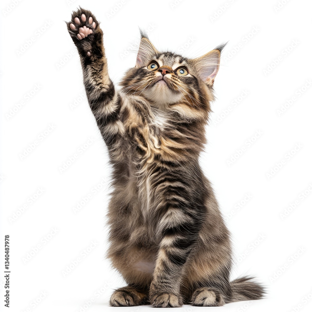Obraz premium Playful kitten reaching up with its paw in a bright setting showcasing its lively personality