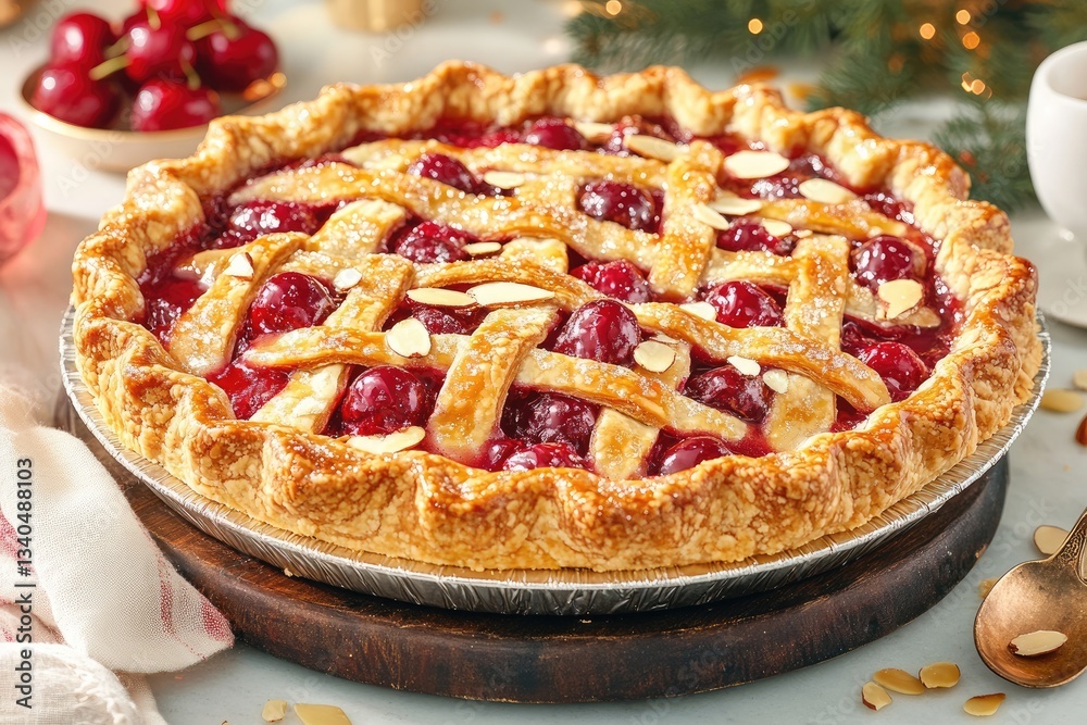 Delicious cherry pie with a golden lattice crust displayed on a wooden board during a festive setting Delicious cherry pie with a golden lattice crust displayed on a wooden board during a festive setting