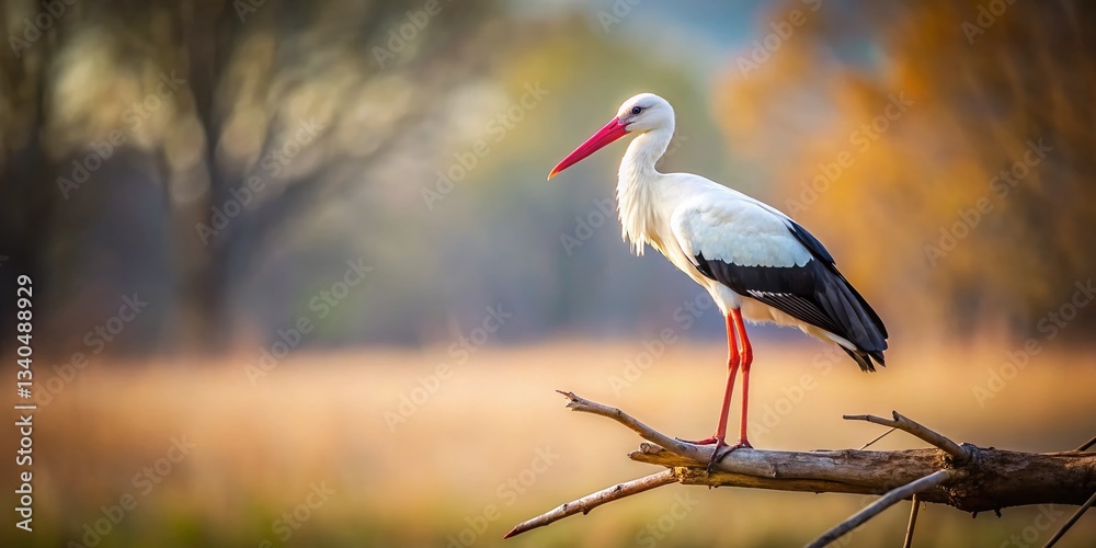 Obraz premium Minimalist White Stork on Branch, Nature Background Stock Photo