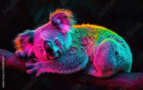 A Vibrant Rainbow Koala Sleeping Peacefully on a Tree Branch in a Dark Forest at Night