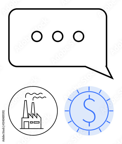 Speech bubble with dots, factory icon, and dollar coin symbolizing communication, industry, and finance. Ideal for business, economy, collaboration, manufacturing corporate strategy growth flat