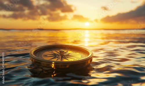 Fototapeta Naklejka Na Ścianę i Meble -  Golden compass floating on water during sunset with vibrant sky and reflections