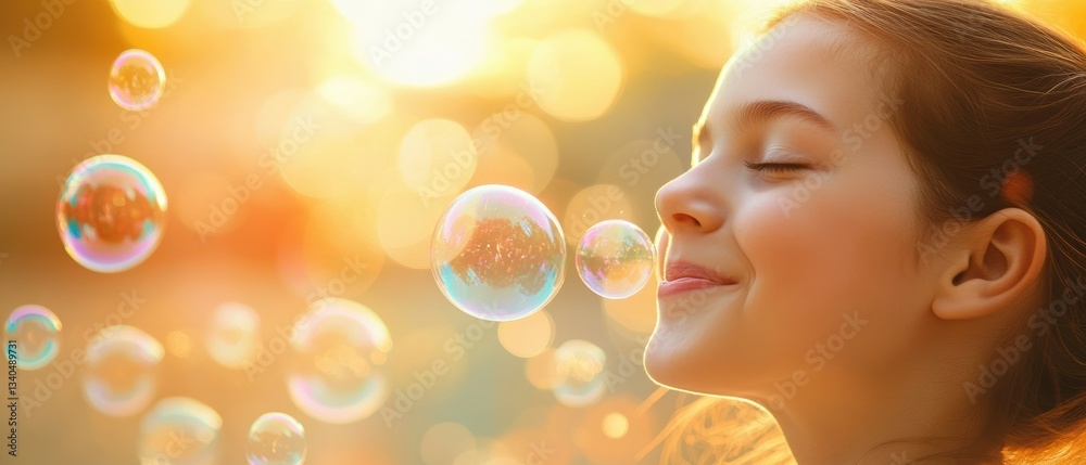 Joyful Girl Blowing Bubbles Under a Warm Sunset with Bokeh Background Joyful Girl Blowing Bubbles Under a Warm Sunset with Bokeh Background