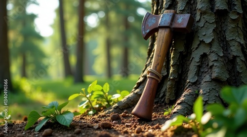 A weathered axe leans against a tree trunk in a sun-dappled forest, its wooden handle bound with twine, nestled amongst burgeoning springtime flora.