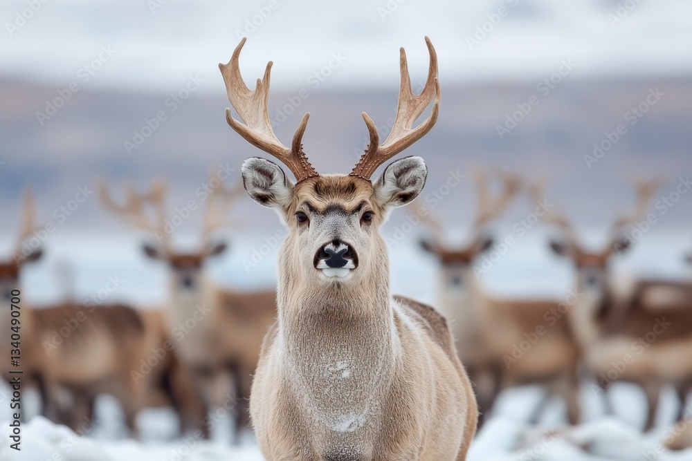 Fototapeta premium A herd of Northern Whale Deer blending into an icy cliffside, demonstrating their natural camouflage